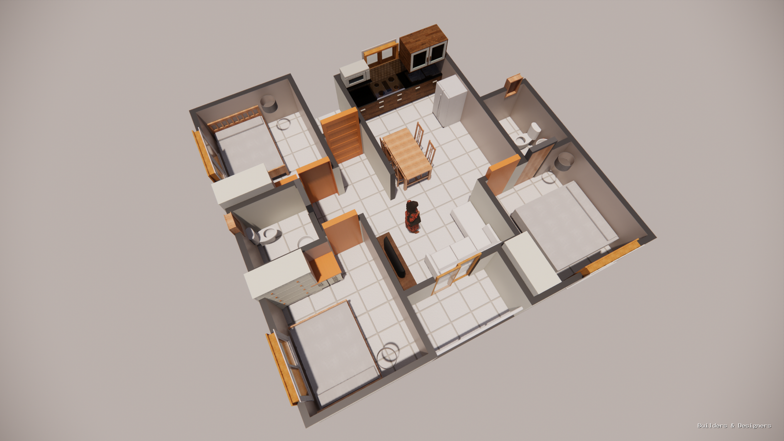 3D residential floor plan with bedrooms, kitchen, dining table, toilets and central circulation