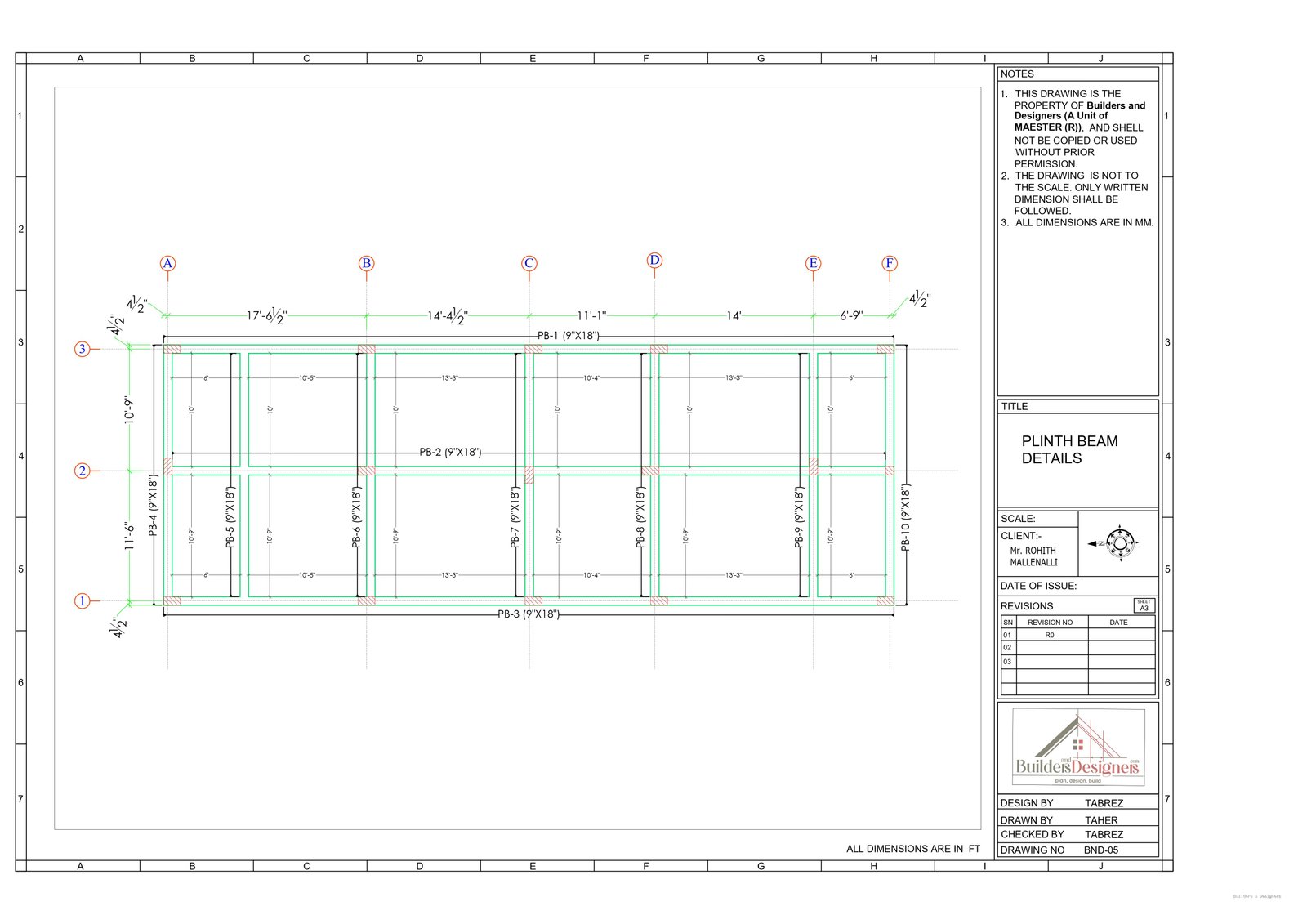 Plinth beam details for a G+2 residential structural design in Tiptur