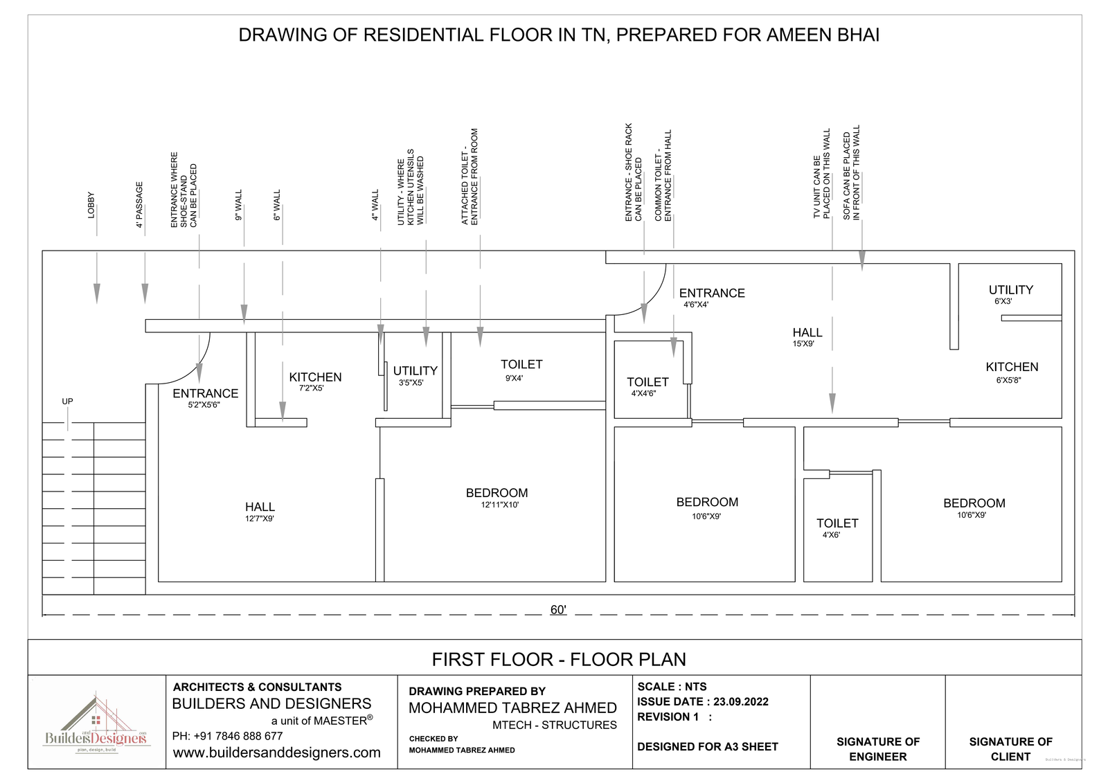 First-floor residential plan showing two independent units with halls, kitchens, utilities, bedrooms and toilets