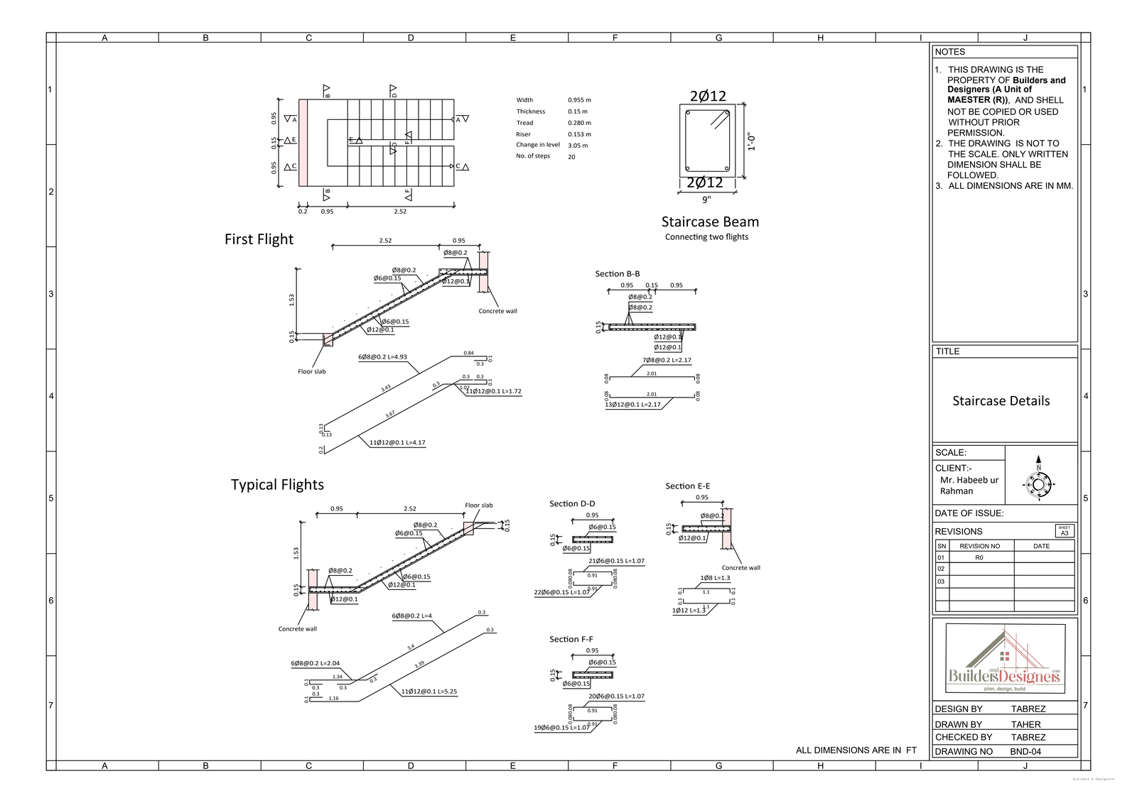 Structural staircase detail drawing showing flights, staircase beam, reinforcement sections and level change for a G+3 residence