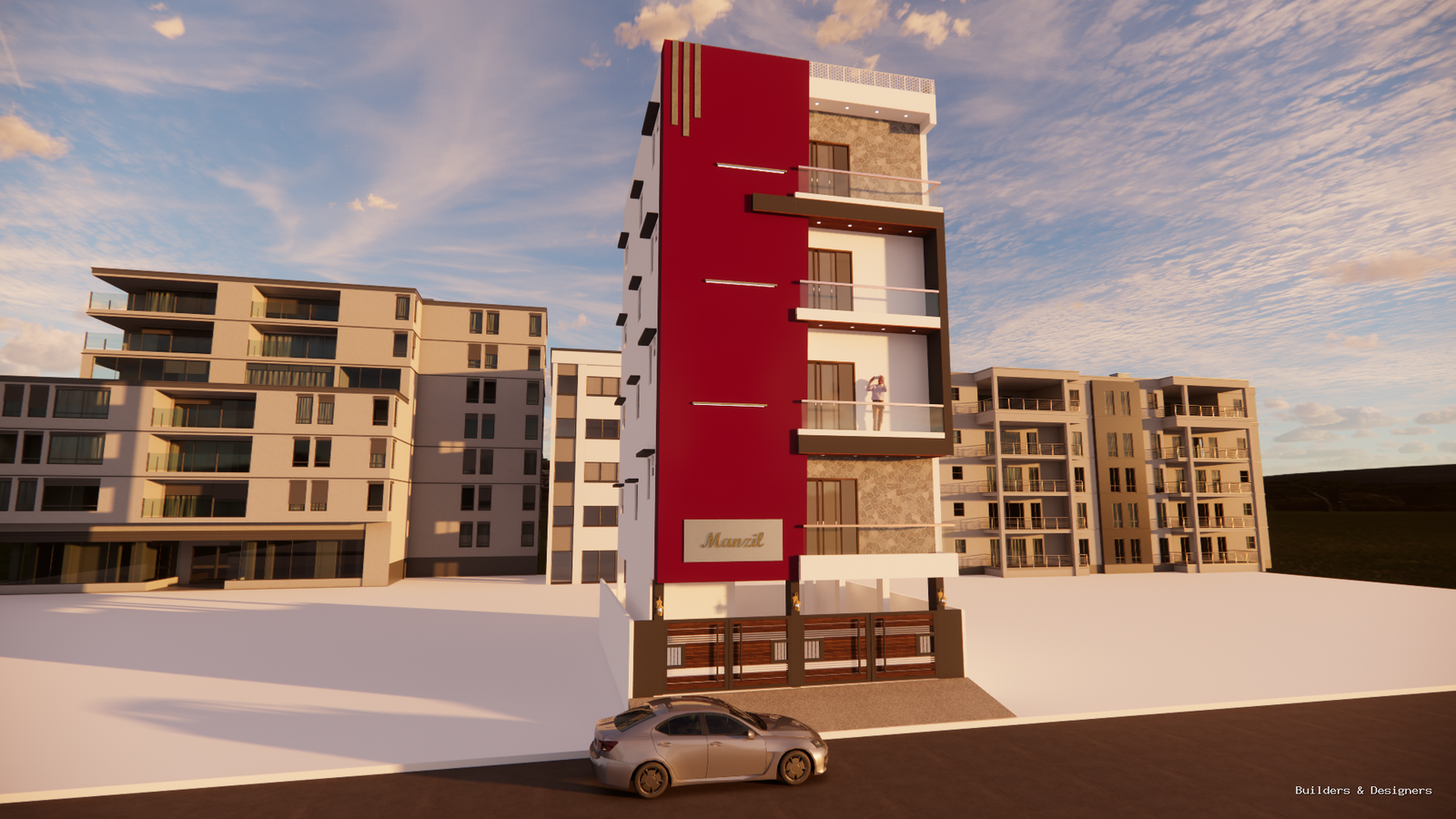 G+4 residential building elevation with red vertical feature, balconies and modern facade treatment