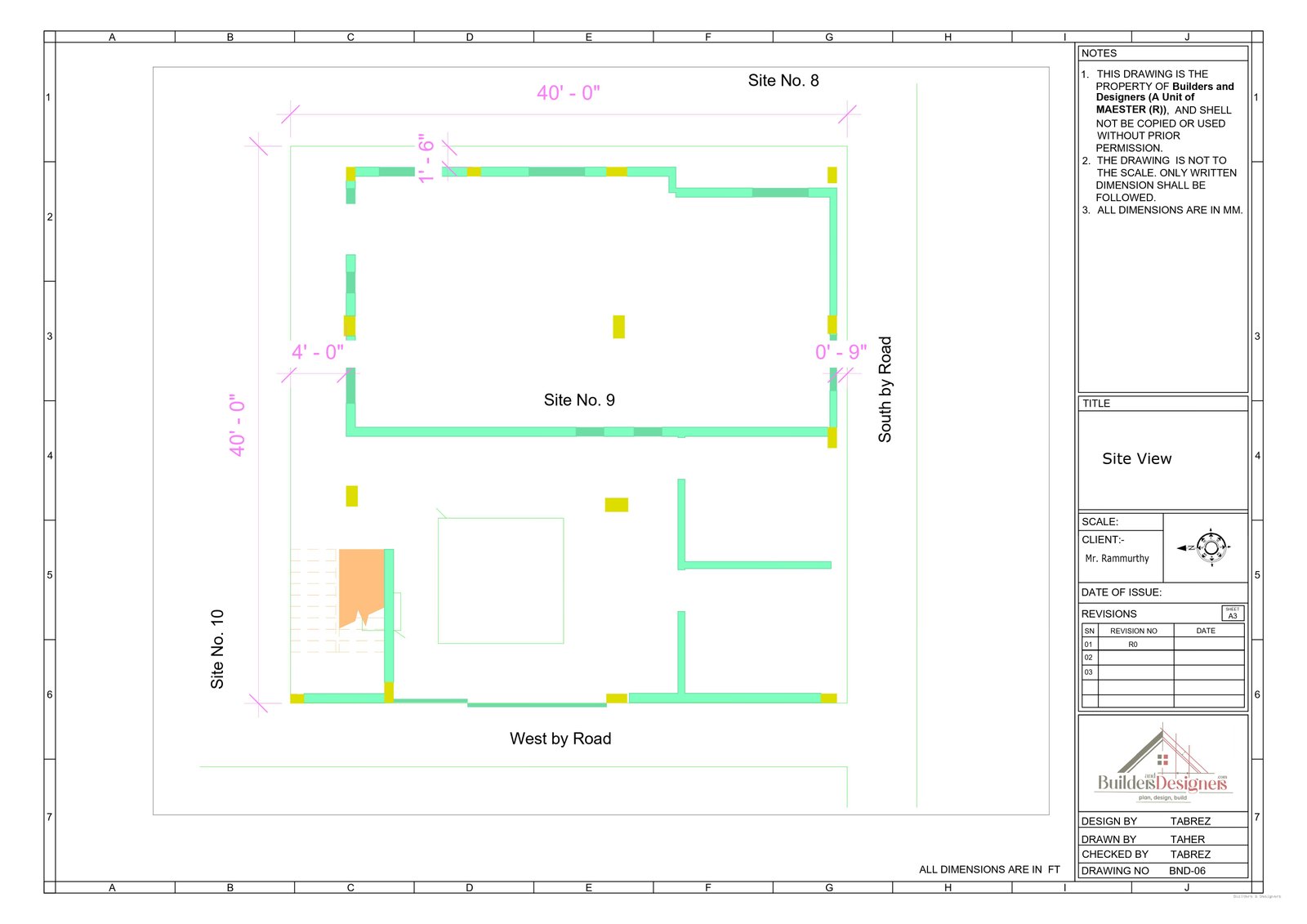 40 by 40 site view for residential project showing road sides, site numbers and building footprint