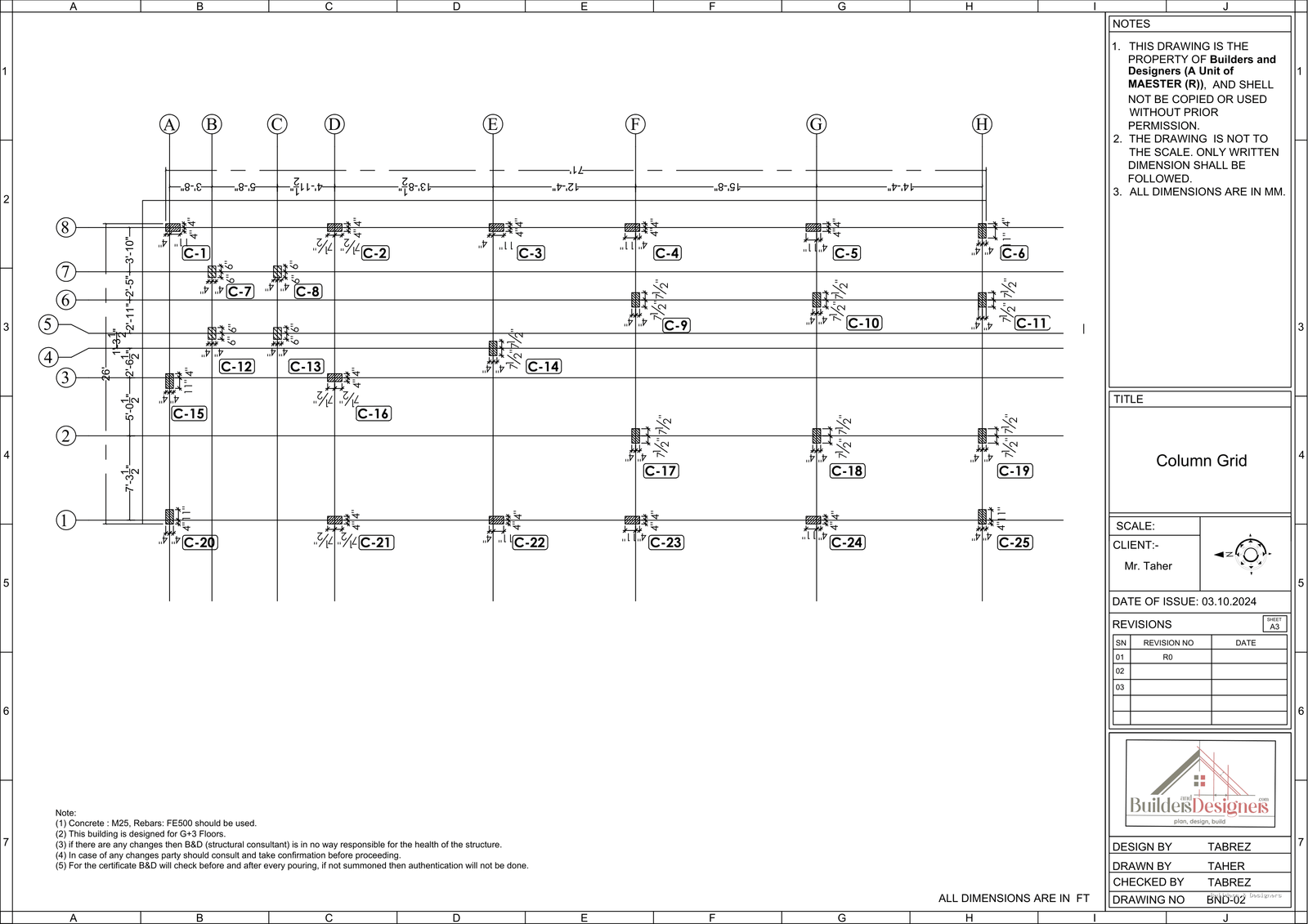 Structural column grid drawing with A to H and 1 to 8 references for a G+3 residence