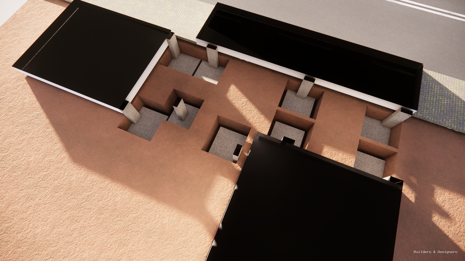 3D toilet block footing layout with excavated pits and column base positions for Masjid project in Hebbal