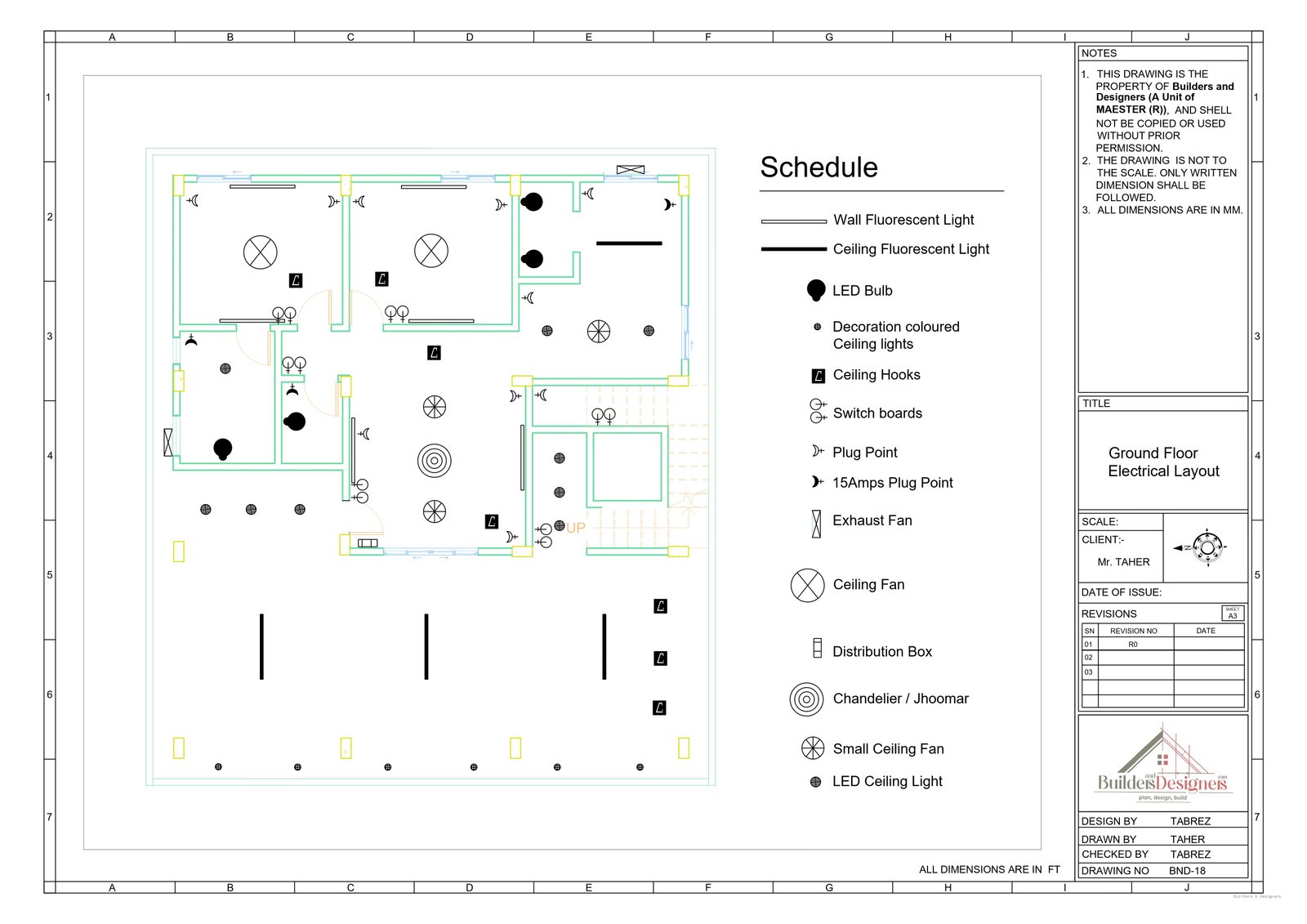 Ground floor electrical layout showing lights, switch boards, plug points, fans and distribution box schedule