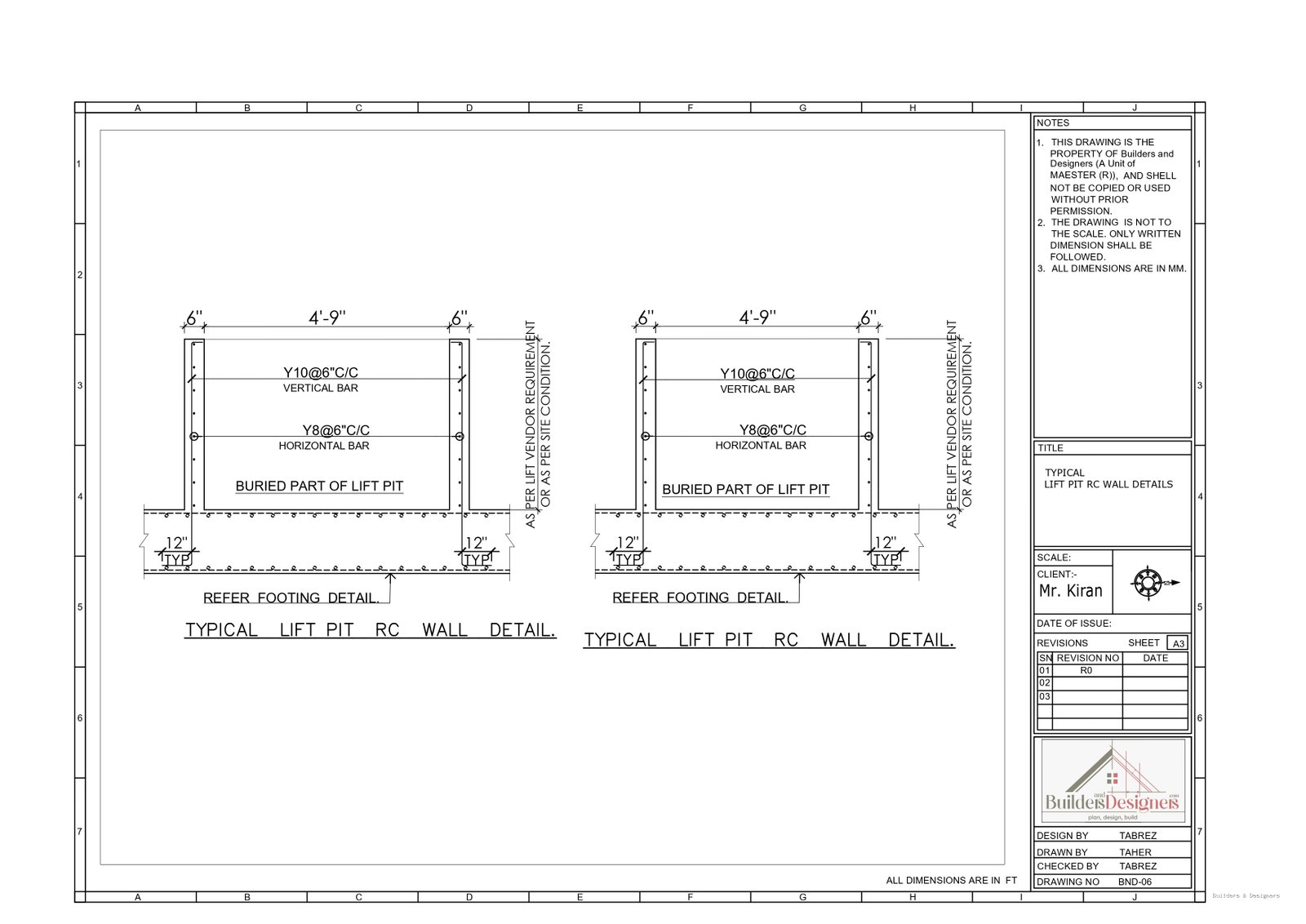 Typical RCC lift-pit wall detail showing buried pit walls, vertical and horizontal reinforcement and base connection