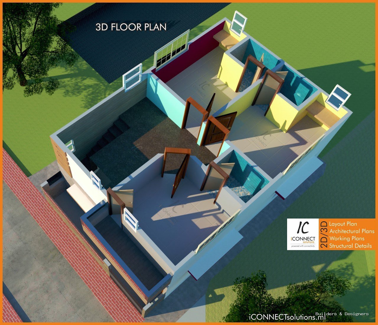 Open-top 3D residential floor plan showing doors, passages, rooms, windows and blue-tiled wet areas