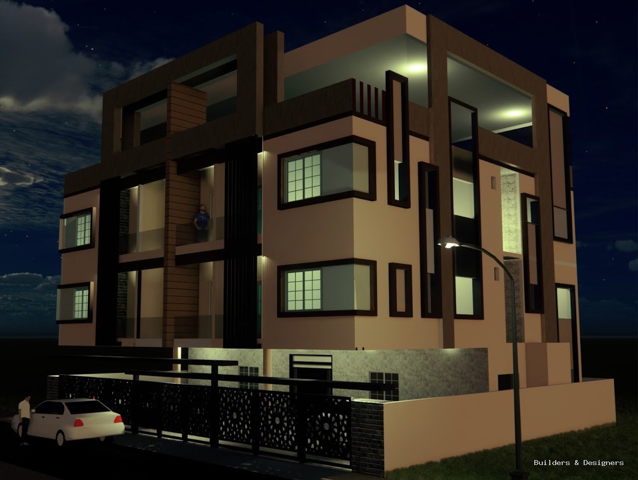 Night view of modern residential apartment elevation in Whitefield with warm lighting and framed facade