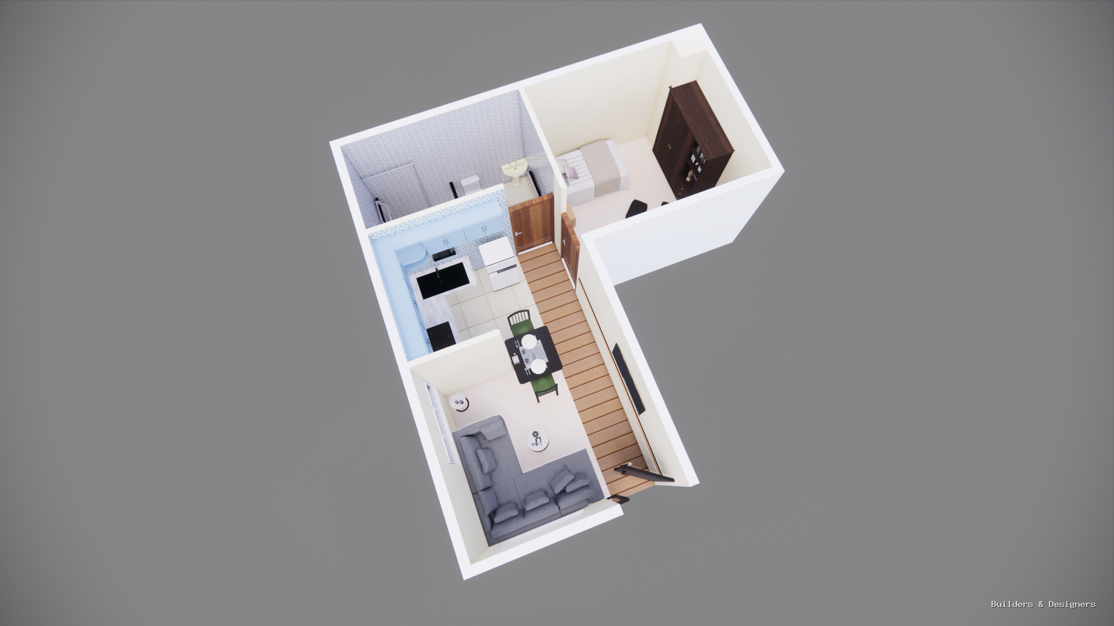 Furnished 3D residential floor plan showing living, dining, kitchen, bedroom, wardrobe and bathroom