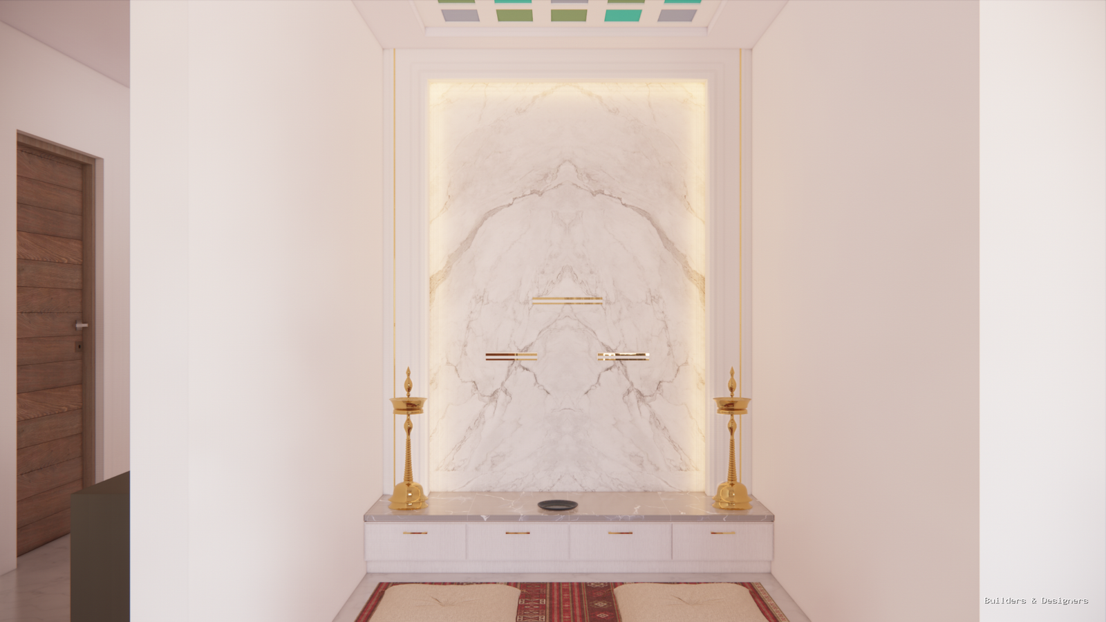 Marble puja room interior with soft lighting and decorative partition detailing
