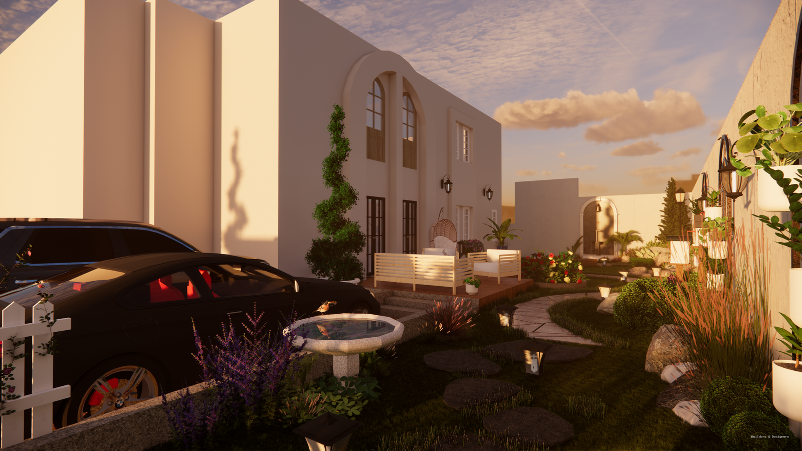 3D residential exterior approach with driveway, garden lighting, boundary wall and evening ambience
