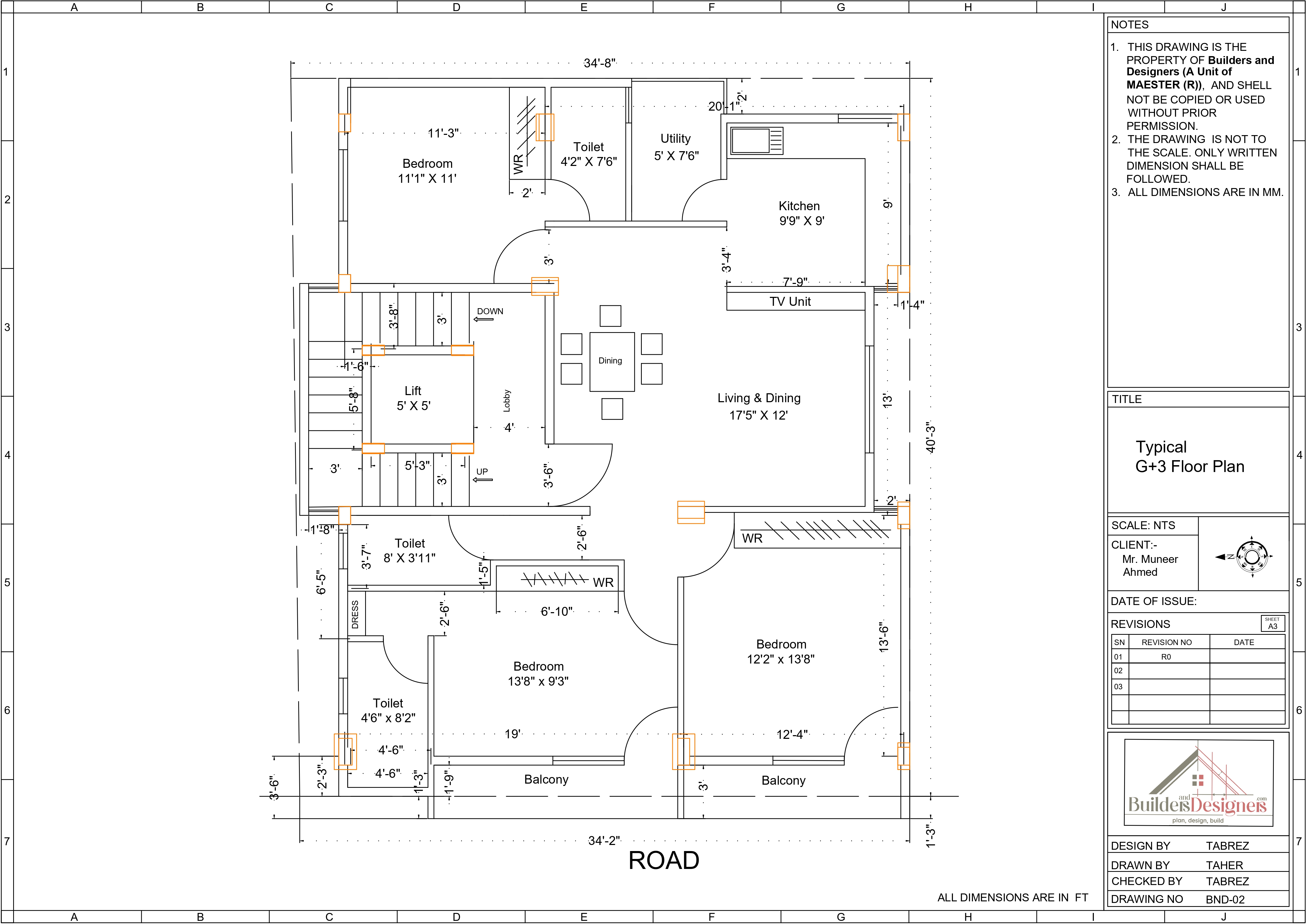 G+3 Mr. Muneer Ahmed's Residential Building Plan, Kaveri Nagar.