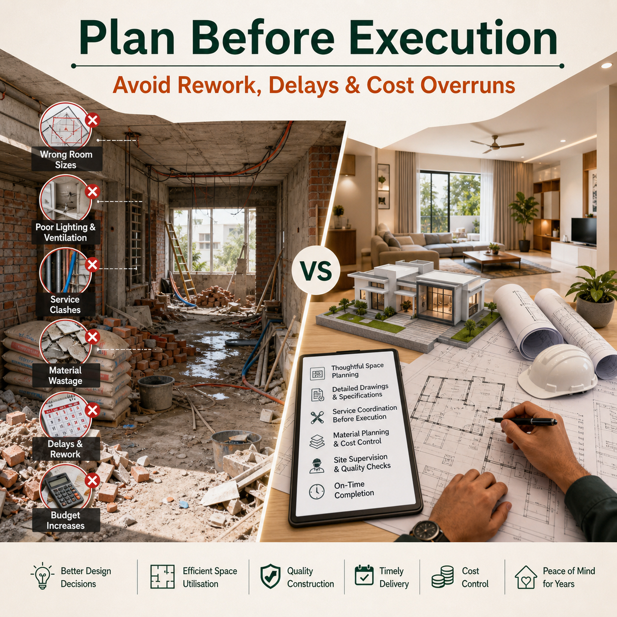 Educational visual showing problems caused by unplanned construction and benefits of design and supervision before execution