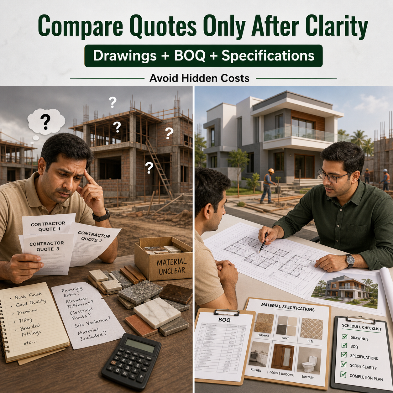 Educational visual explaining why contractor quotes should be compared only after drawings, BOQ and specifications are clear